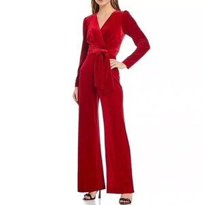 NEW Antonio Melani Miranda Long Sleeve Jumpsuit Velvet Solid Red Belt 32" Inseam